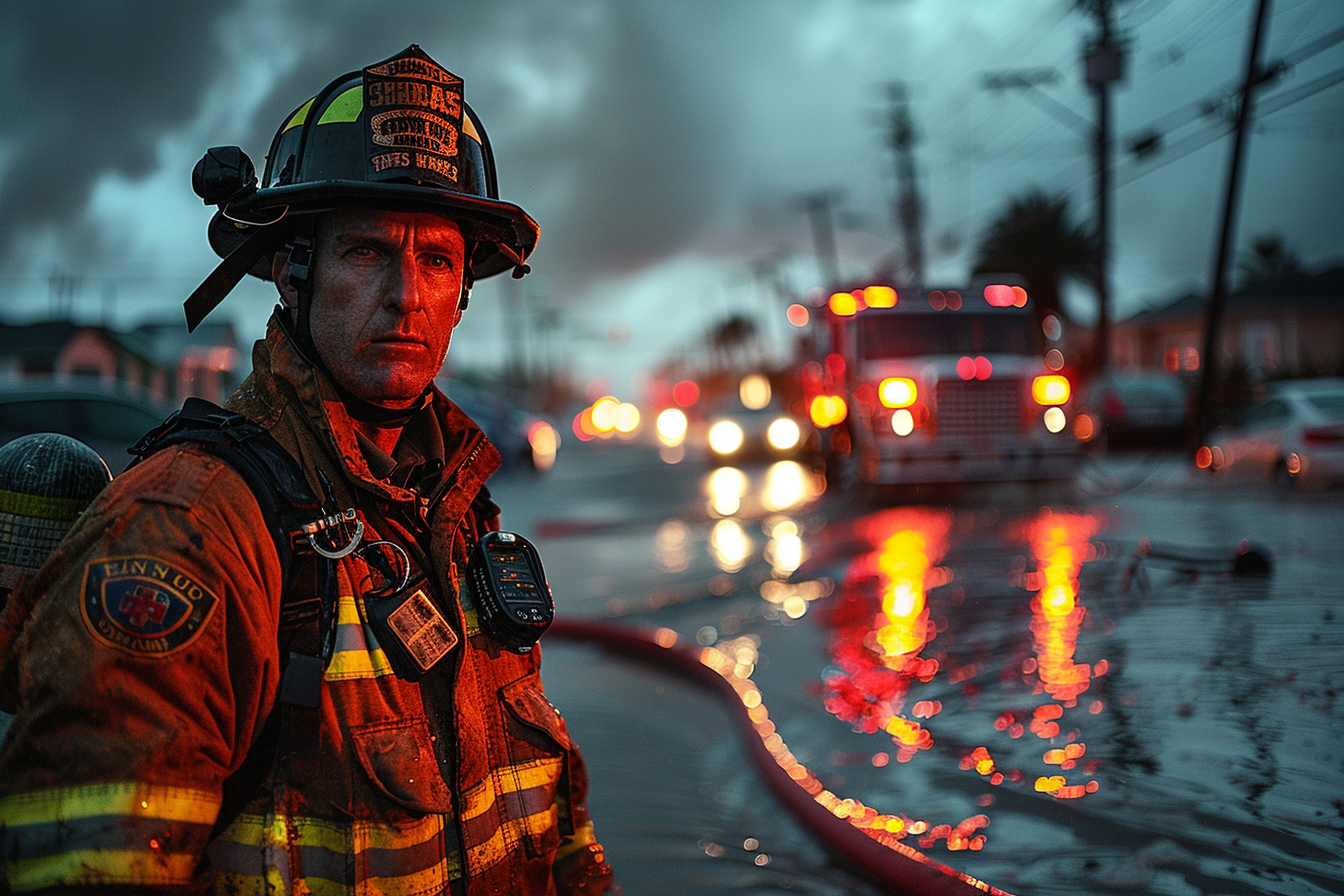 AI image of a fireman in front of wet street. Time is evening. In the background are emergency response vehicles.