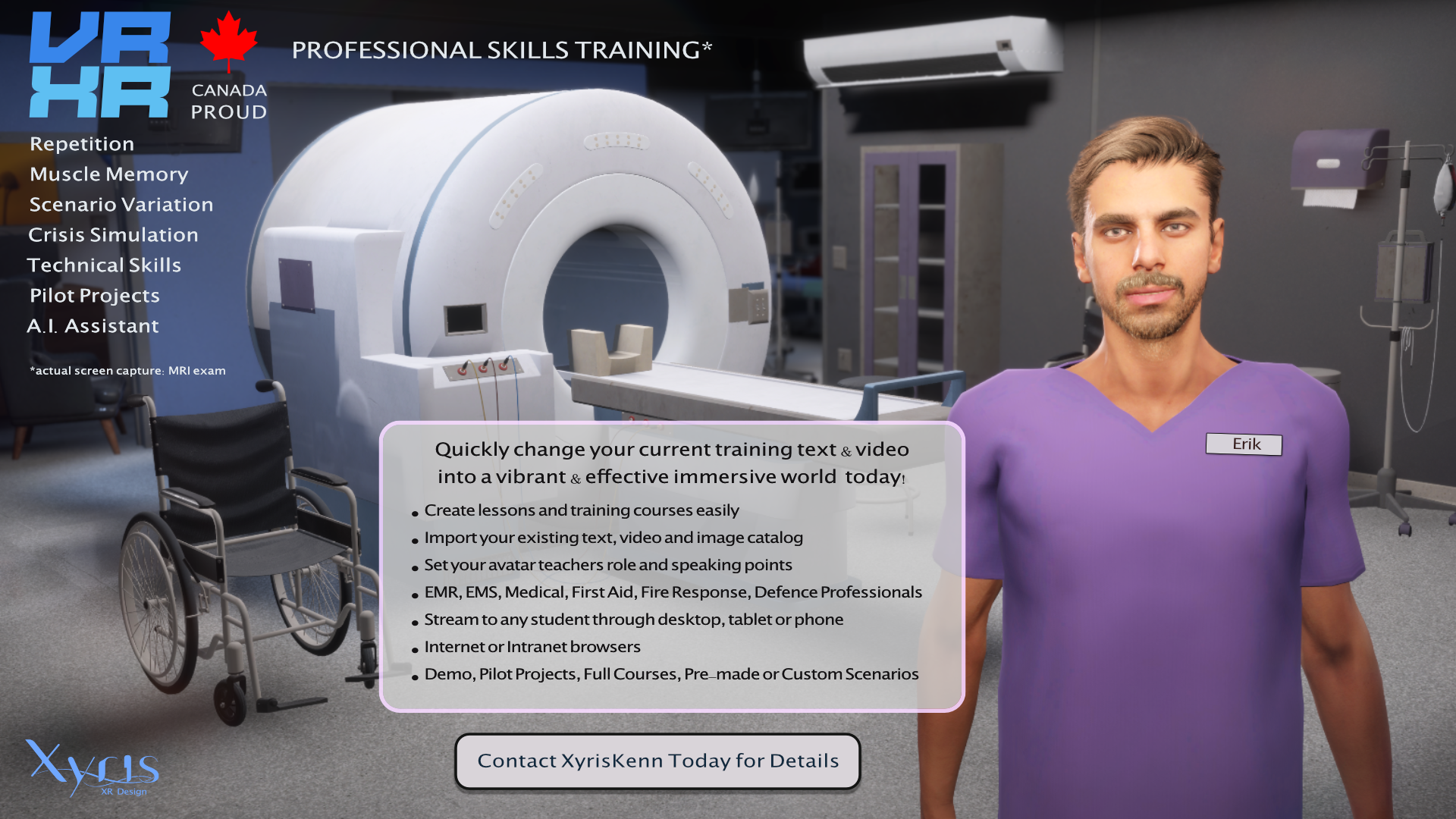 A 3D image of an avatar nurse standing in front of an MRI machine. A wheelchair is next to the MRI machine.
