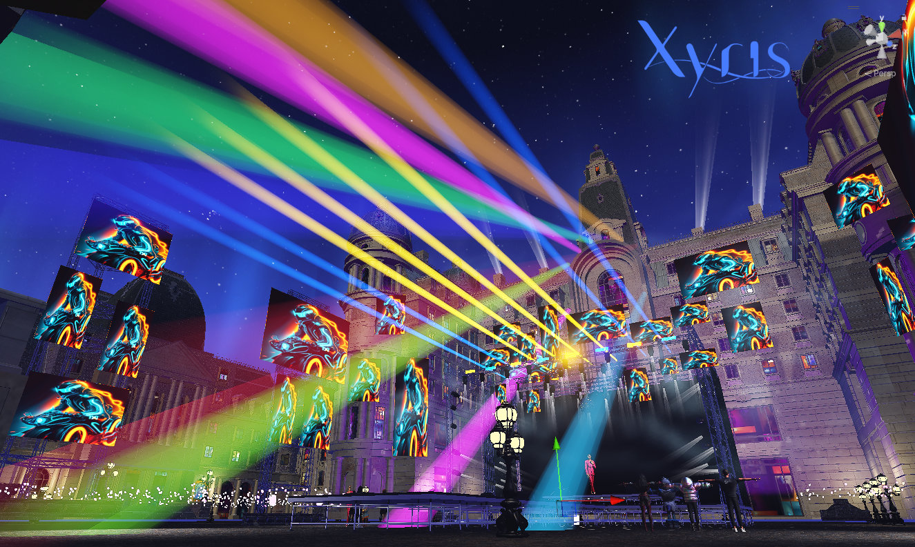 A 3D outdoor festival at night with concert screens, lights and a central stage. Rainbow lights and night sky, European buildings.