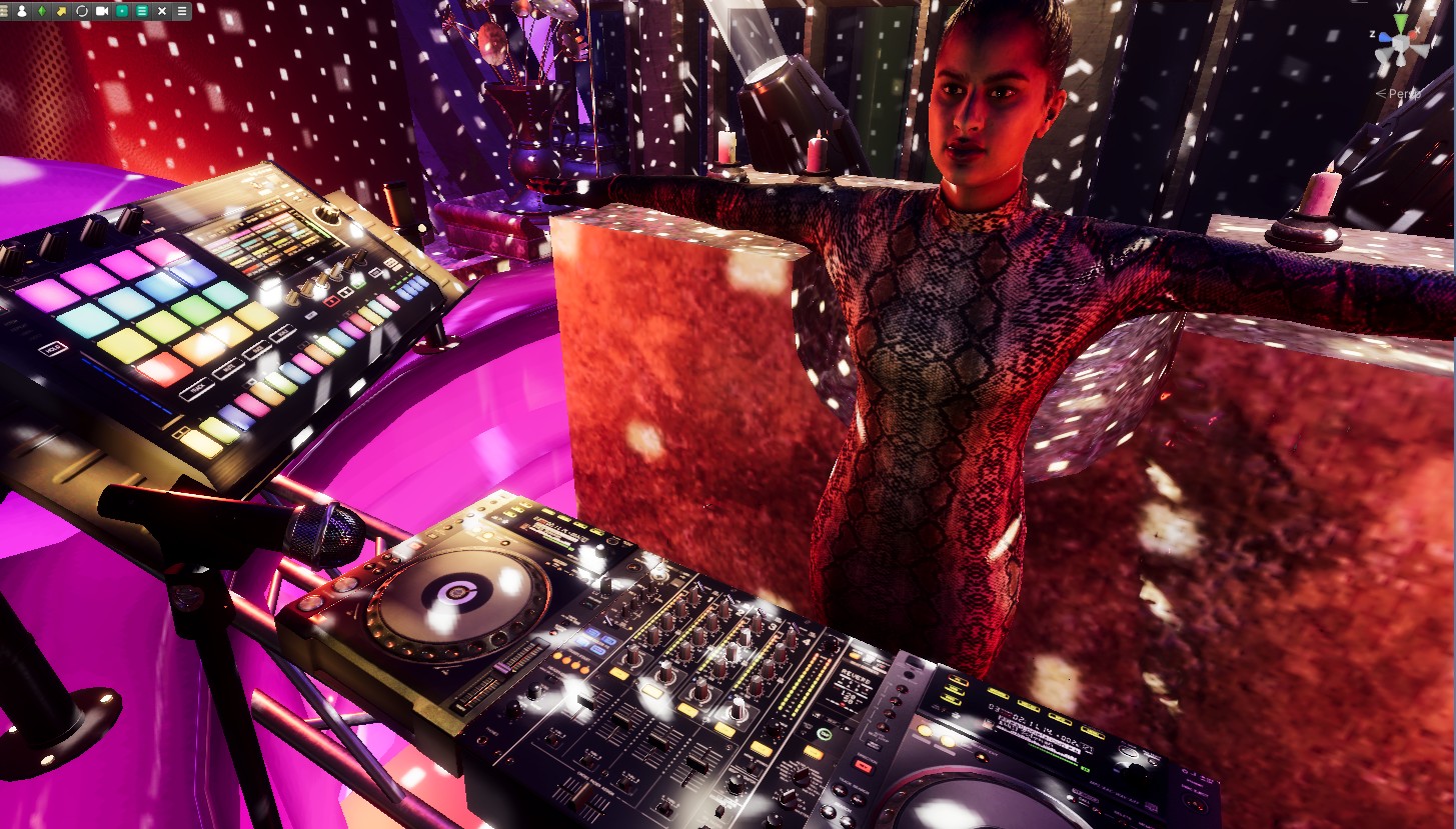 Virtual DJ in the custom Kathedral upscale virtual club. DJ is a female with a dark complexion, lit by stage lights. In front of her is a DJ turntable rig. The stage background is lit by disco lights
