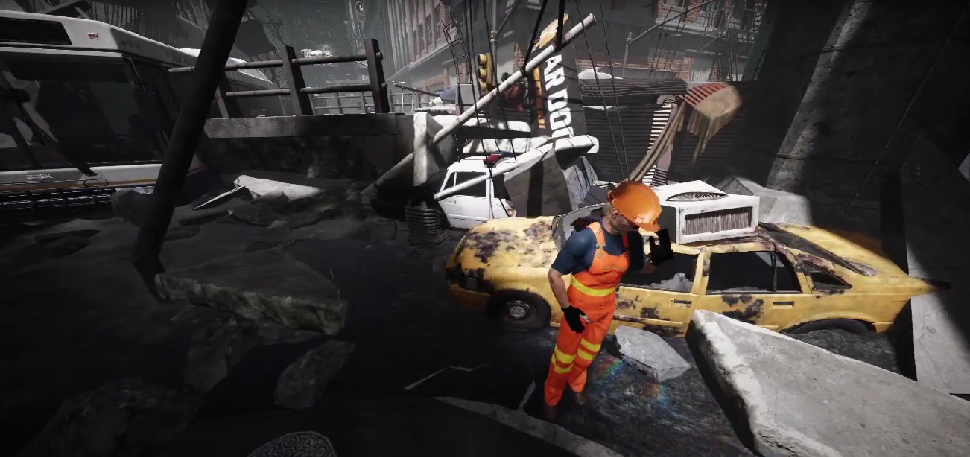 3D simulated post-flood wreckage of an urban street