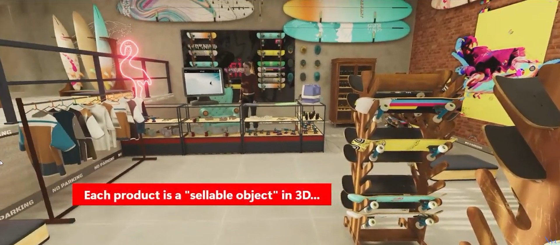 A 3D virtual storefront with checkout. This store sells skateboards and surf gear. A neon flamingo is at screen left. An employee stands behind a counter.