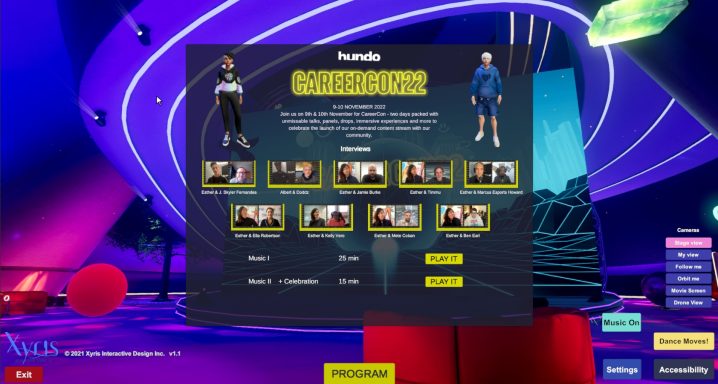 An overlay showing video interview and music options.