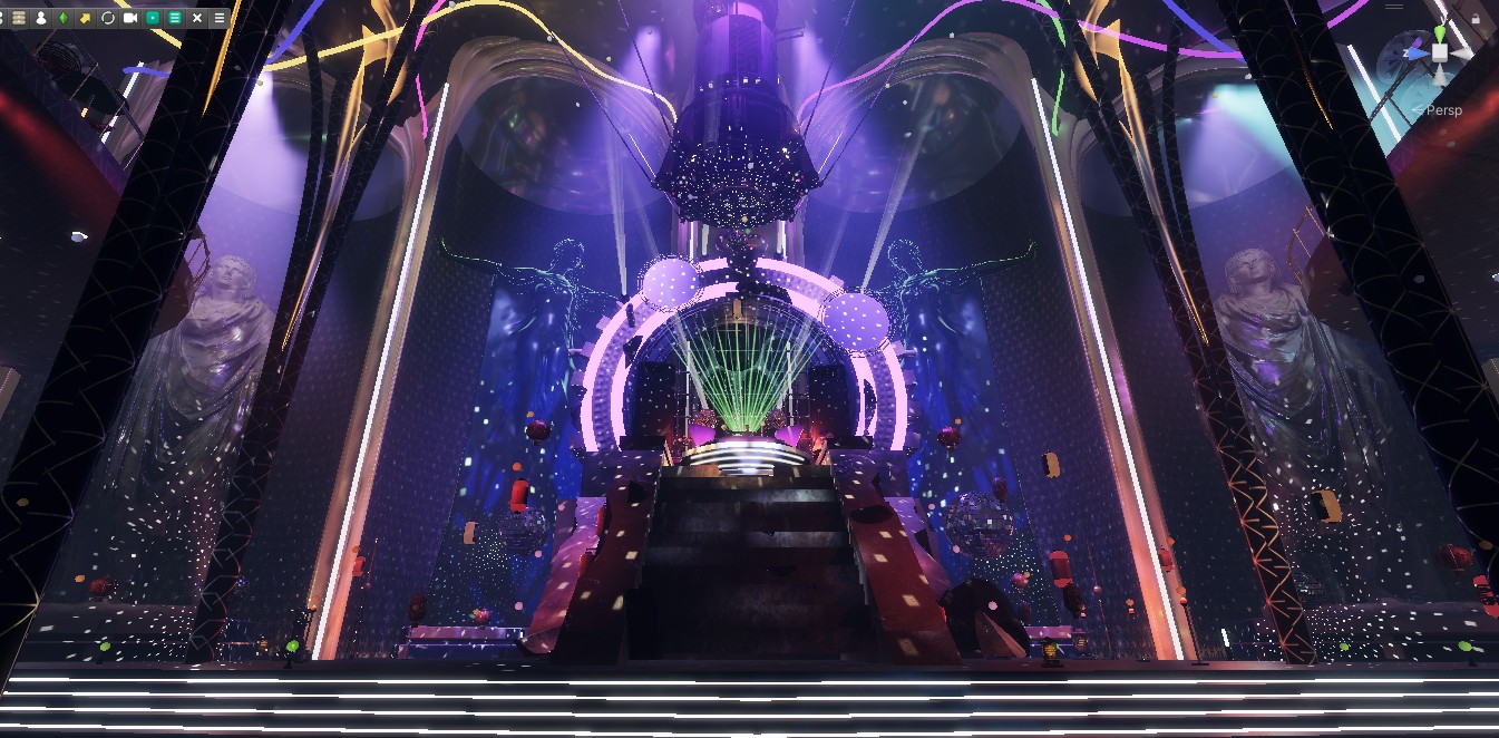 Stage of a virtual event hall called Kathedral - a stage in the form of a ziggurat lit bydots of light and lasers.