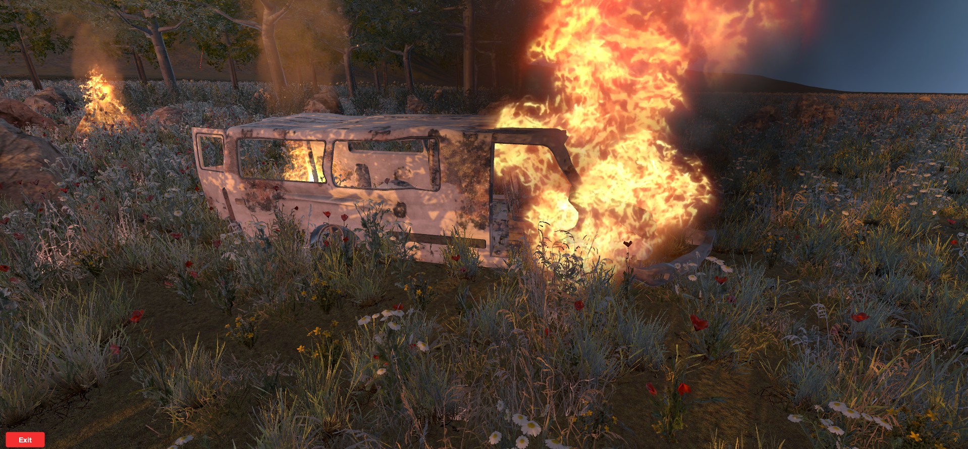 3D image of a van engulfed in flames. Time is late afternoon, environment is a grassy field with trees in the background.