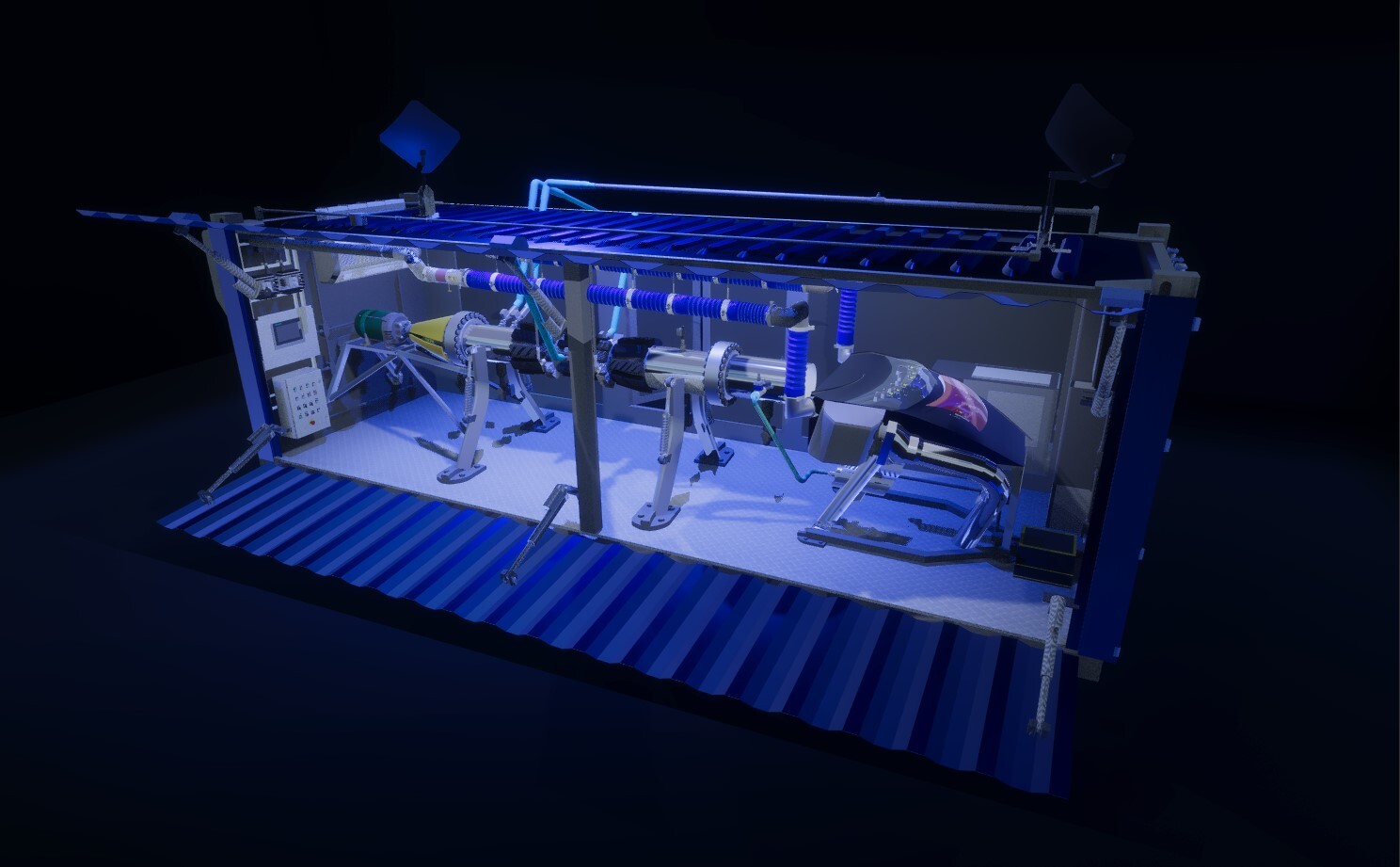 Image depicts a carbon capture prototype machine inside a shipping container.