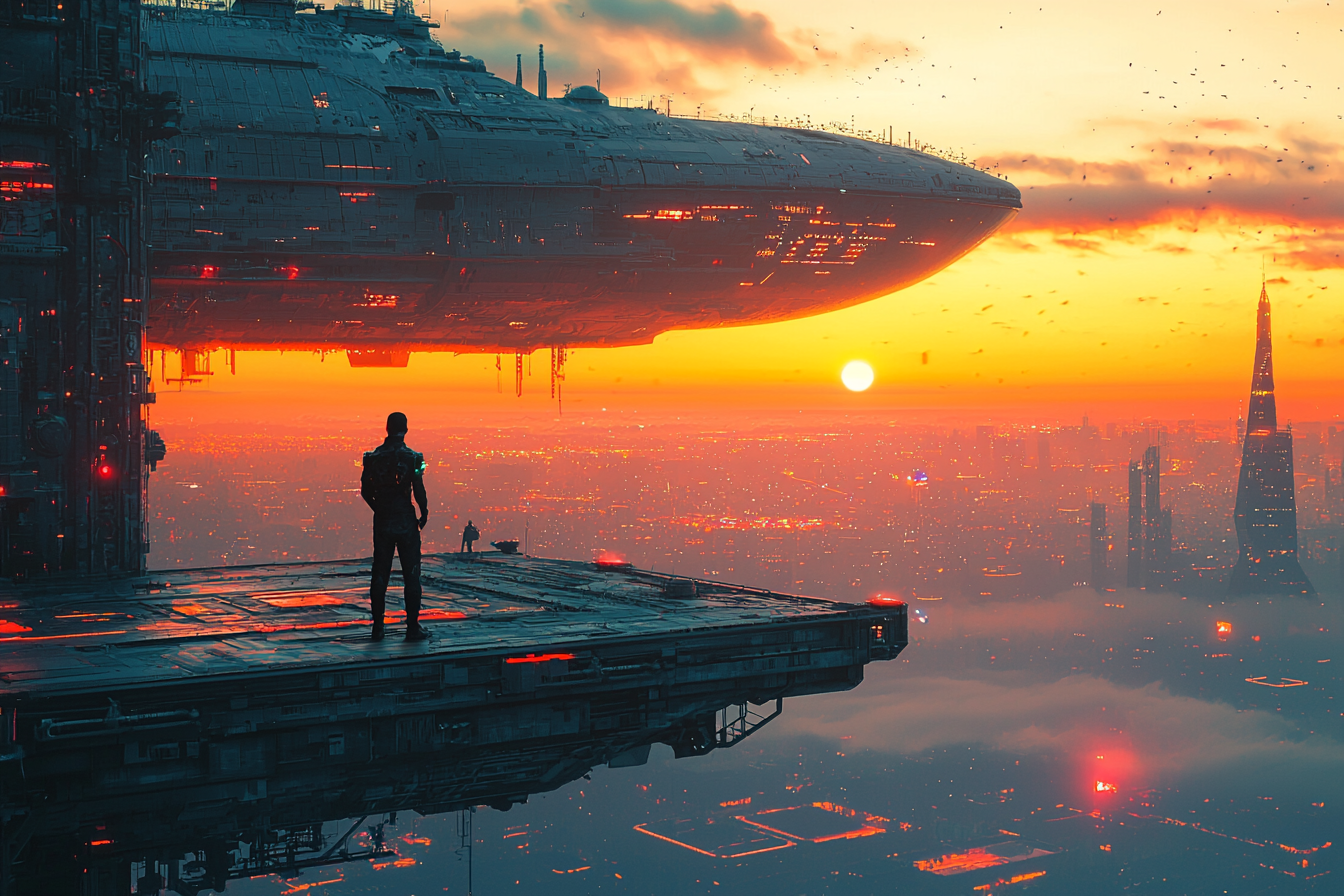 A science fiction image of a man standing on a hi-tech balc0ny, looking at a sun setting over a densely built metropolis.
