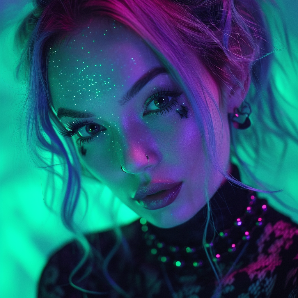 A colourful portrait of a 20-something goth fashion model with glitter. Pop colours of viloet, purple and teal.