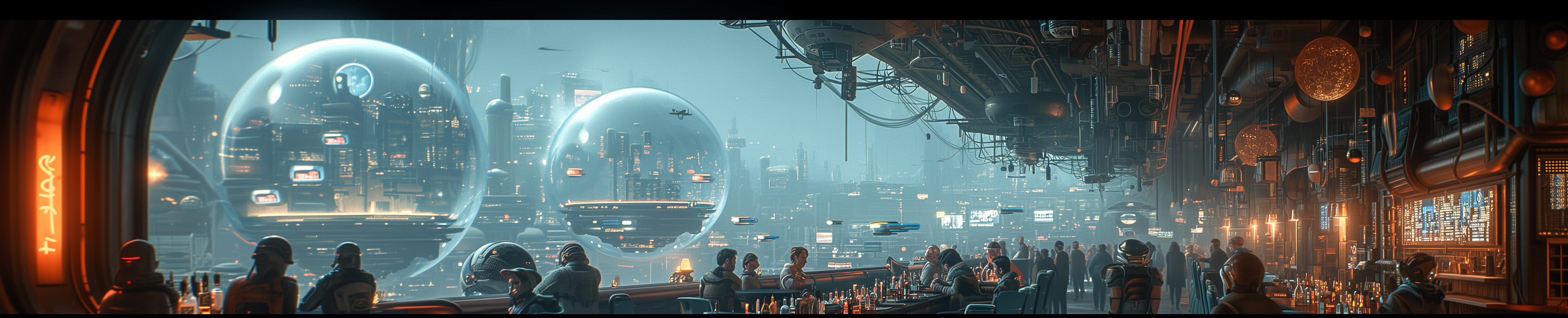 Very wide panorama of a far future science fiction patio. In the distance are mini-cities in globes, flying cars and tall buildings. In the foreground are diners.