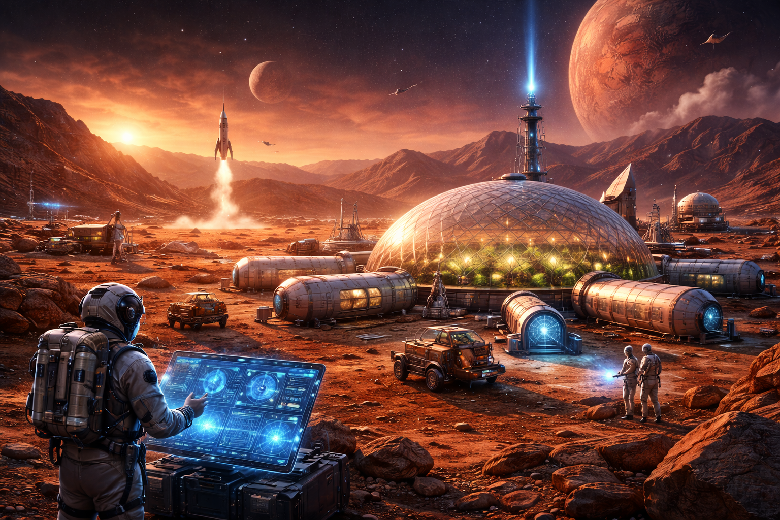 Future exoplanet habitat resembling Mars. In the distance a rocket takes off. In the foreground is an astronautt.