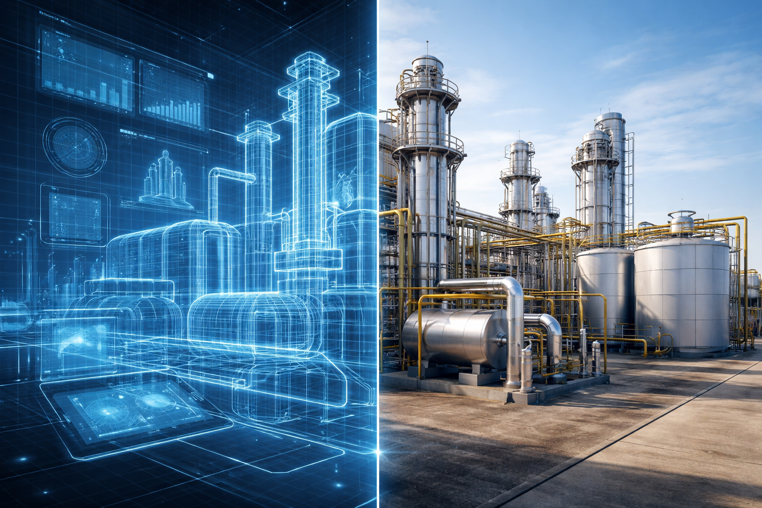 Split screen effect with a digital refinery on the left and a realistic refinery on the right.