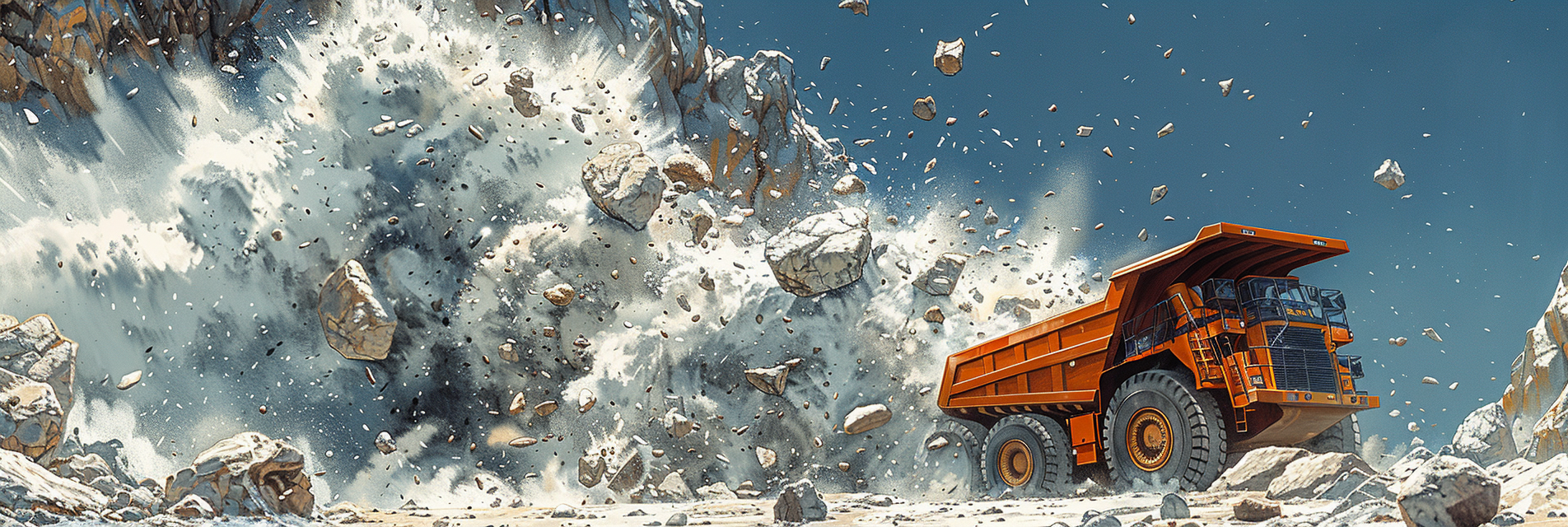 bright day, a truck narrowly escapes exploding rock