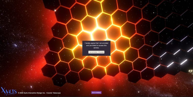 A space telescope with many hexagonal mirrors is backlit by the sun.
