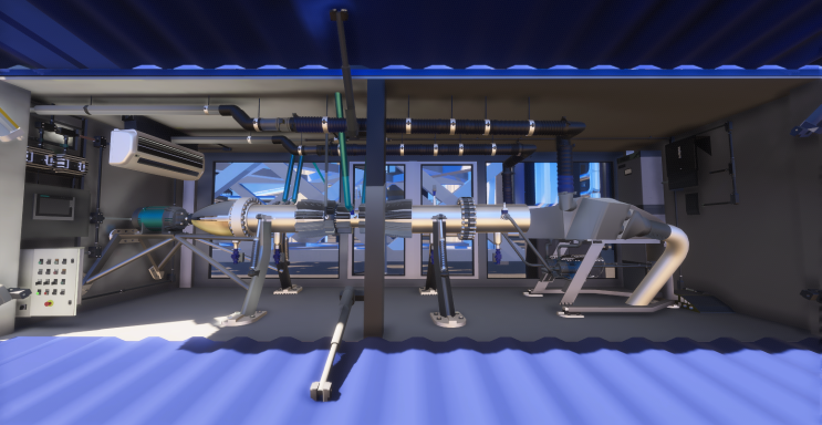 Innovative carbon capture device inside a blue shipping container, outdoors in a sunny environment.